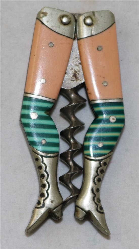 A German enamelled brass stockinged legs corkscrew, 2.75in.